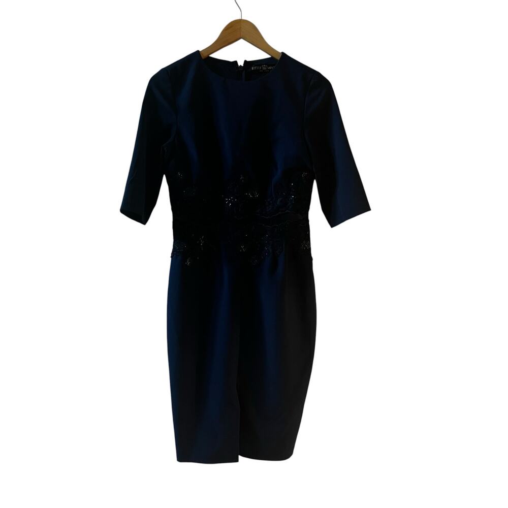 Little Mistress Lace Detail Three Quarter Sleeve Sheath Dress Size 6 Navy - Picture 2 of 9